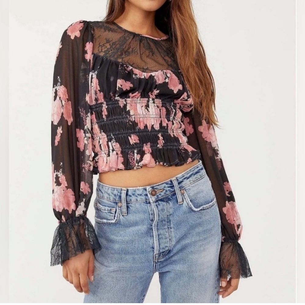Free People Pink and Black Crop Blouse with Tie Front, Very good conditi…